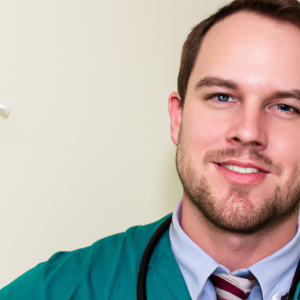 a professional and visually appealing image of a young happy smiling caucasian doctor with white teeth