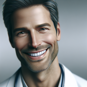 a photo realistic professionally appealing image of a good looking and athletic 35 to 45 year old happy smiling male white doctor with white teeth