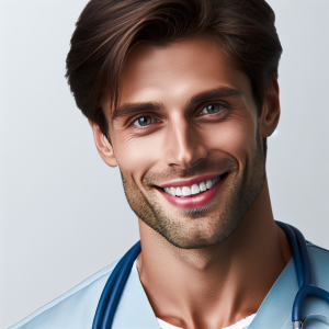 a photo realistic professionally appealing image of a good looking and athletic 35 to 45 year old happy smiling male white doctor with white teeth 274 300x300