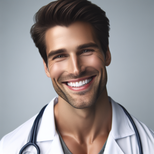 a photo realistic professionally appealing image of a good looking and athletic 35 to 45 year old happy smiling male white doctor with white teeth