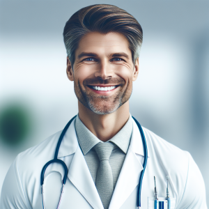 a photo realistic professionally appealing image of a good looking and athletic 35 to 45 year old happy smiling male white doctor with white teeth