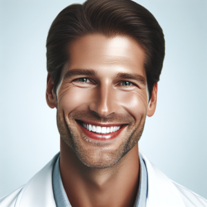 a photo realistic professionally appealing image of a good looking and athletic 35 to 45 year old happy smiling male white doctor with white teeth