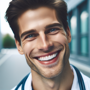 a photo realistic professionally appealing image of a good looking and athletic 35 to 45 year old happy smiling male white doctor with white teeth