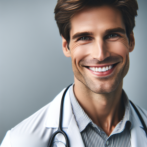 a photo realistic professionally appealing image of a good looking and athletic 35 to 45 year old happy smiling male white doctor with white teeth