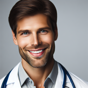 a photo realistic professionally appealing image of a good looking and athletic 35 to 45 year old happy smiling male white doctor with white teeth