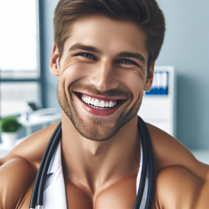 a photo realistic professionally appealing image of a good looking and athletic 35 to 45 year old happy smiling male white doctor with white teeth