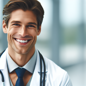 a photo realistic professionally appealing image of a good looking and athletic 35 to 45 year old happy smiling male white doctor with white teeth