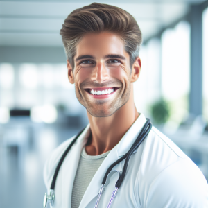 a photo realistic professionally appealing image of a good looking and athletic 35 to 45 year old happy smiling male white doctor with white teeth