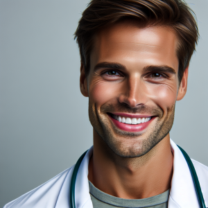 a photo realistic professionally appealing image of a good looking and athletic 35 to 45 year old happy smiling male white doctor with white teeth 503 300x300