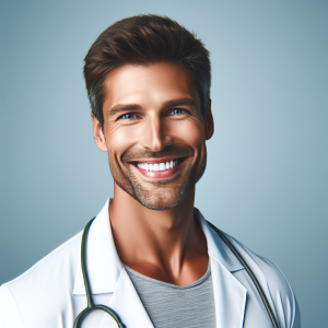 a photo realistic professionally appealing image of a good looking and athletic 35 to 45 year old happy smiling male white doctor with white teeth 507 300x300