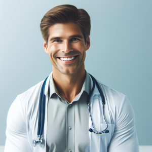 a photo realistic professionally appealing image of a good looking and athletic 35 to 45 year old happy smiling male white doctor with white teeth 535 300x300