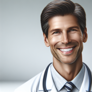 a photo realistic professionally appealing image of a good looking and athletic 35 to 45 year old happy smiling male white doctor with white teeth