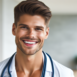 a photo realistic professionally appealing image of a good looking and athletic 35 to 45 year old happy smiling male white doctor with white teeth