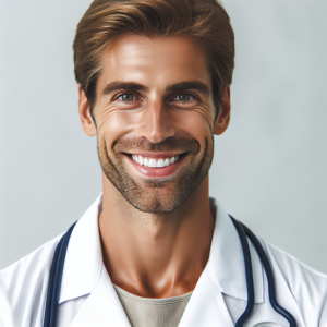 a photo realistic professionally appealing image of a good looking and athletic 35 to 45 year old happy smiling male white doctor with white teeth