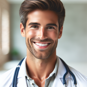 a photo realistic professionally appealing image of a good looking and athletic 35 to 45 year old happy smiling male white doctor with white teeth