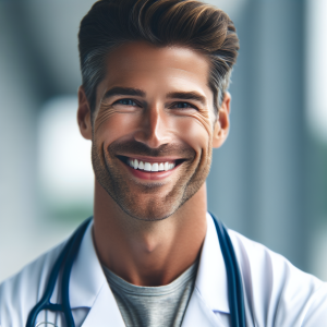 a photo realistic professionally appealing image of a good looking and athletic 35 to 45 year old happy smiling male white doctor with white teeth