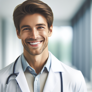 a photo realistic professionally appealing image of a good looking and athletic 35 to 45 year old happy smiling male white doctor with white teeth