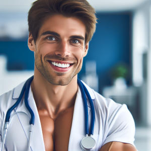 a photo realistic professionally appealing image of a good looking and athletic 35 to 45 year old happy smiling male white doctor with white teeth