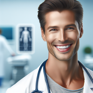 a photo realistic professionally appealing image of a good looking and athletic 35 to 45 year old happy smiling male white doctor with white teeth