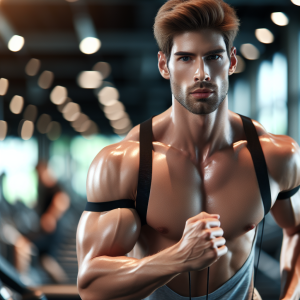 a photo realistic professionally appealing image of a good looking and athletic white man exercising in a gym