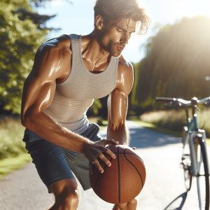 a photo realistic professionally appealing image of a good looking and athletic white man exercising or playing sports outside on a sunny day