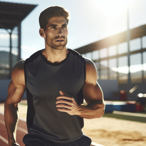 a photo realistic professionally appealing image of a good looking and athletic white man exercising or playing sports outside on a sunny day