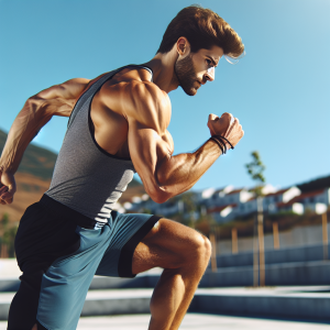 a photo realistic professionally appealing image of a good looking and athletic white man exercising or playing sports outside on a sunny day