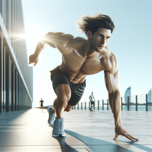 a photo realistic professionally appealing image of a good looking and athletic white man exercising or playing sports outside on a sunny day