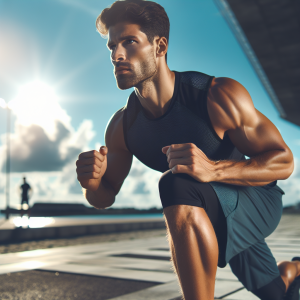 a photo realistic professionally appealing image of a good looking and athletic white man exercising or playing sports outside on a sunny day