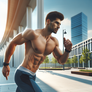 a photo realistic professionally appealing image of a good looking and athletic white man exercising or playing sports outside on a sunny day