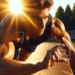 a photo realistic professionally appealing image of a good looking and athletic white man exercising or playing sports outside on a sunny day