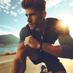 a photo realistic professionally appealing image of a good looking and athletic white man exercising or playing sports outside on a sunny day