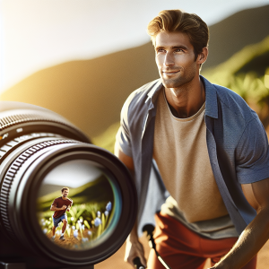 a photo realistic professionally appealing image of a good looking and athletic white man exercising or playing sports outside on a sunny day