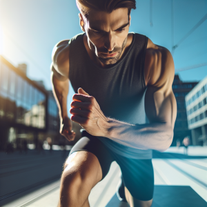 a photo realistic professionally appealing image of a good looking and athletic white man exercising or playing sports outside on a sunny day