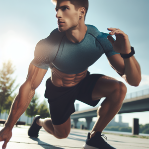 a photo realistic professionally appealing image of a good looking and athletic white man exercising or playing sports outside on a sunny day