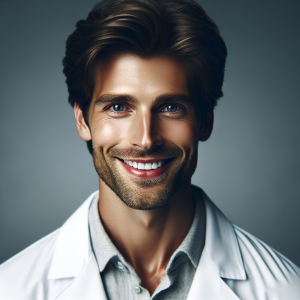 a photorealistic professional appealing image of a good looking and athletic 35 to 45 year old happy smiling male caucasian doctor with white teeth