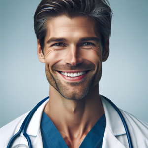 a photorealistic professional appealing image of a good looking and athletic 35 to 45 year old happy smiling male caucasian doctor with white teeth