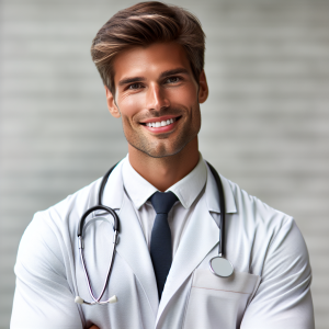 a photorealistic professional appealing image of a good looking and athletic 35 to 45 year old happy smiling male caucasian doctor with white teeth