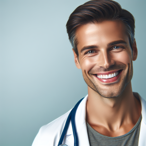 a photorealistic professional appealing image of a good looking and athletic 35 to 45 year old happy smiling male caucasian doctor with white teeth