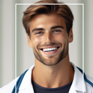 a photorealistic professional appealing image of a good looking and athletic 35 to 45 year old happy smiling male caucasian doctor with white teeth