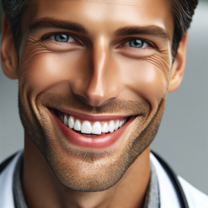 a photorealistic professional appealing image of a good looking and athletic 35 to 45 year old happy smiling male caucasian doctor with white teeth