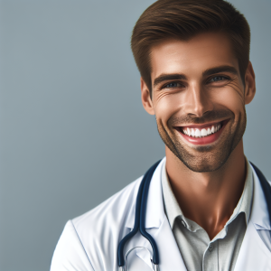 a photorealistic professional appealing image of a good looking and athletic 35 to 45 year old happy smiling male caucasian doctor with white teeth