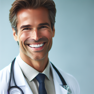 a photorealistic professional appealing image of a good looking and athletic 35 to 45 year old happy smiling male caucasian doctor with white teeth