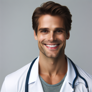 a photorealistic professional appealing image of a good looking and athletic 35 to 45 year old happy smiling male caucasian doctor with white teeth