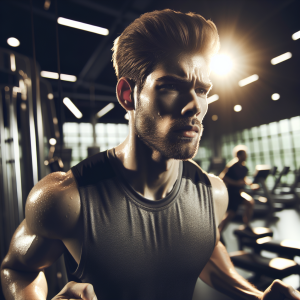 a photorealistic professional appealing image of a good looking and athletic caucasian man exercising in a gym