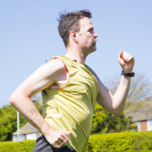 a professional appealing image of a caucasian man or woman jogging on a sunny day